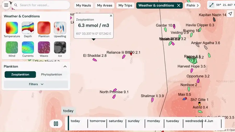 The animated plankton layer in Catchwise, stepping through the one-week zooplankton forecast